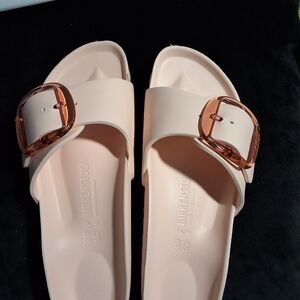 Birkenstock White/Pale Pink EVA Madrid Slip-On Sandals with Rose Gold Buckles